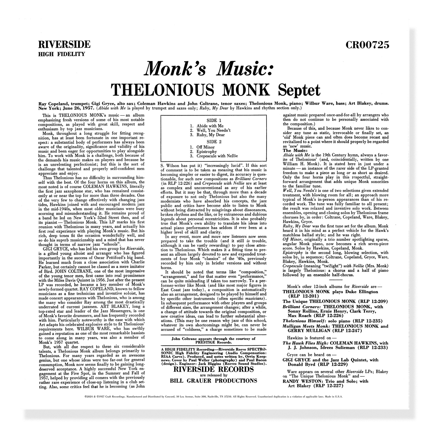 Thelonious Monk Septet - Monk's Music (Original Jazz Classics Series)