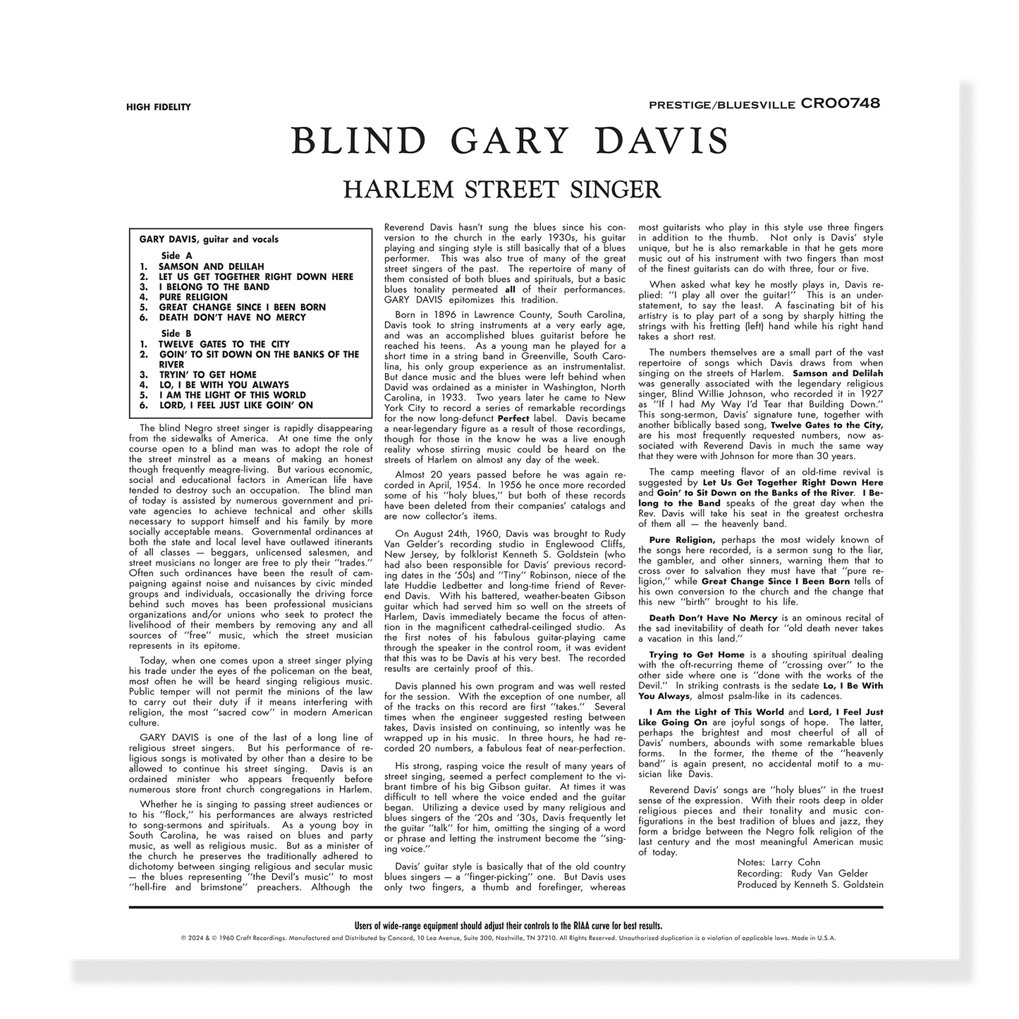 Blind Gary Davis - Harlem Street Singer (Bluesville Series)